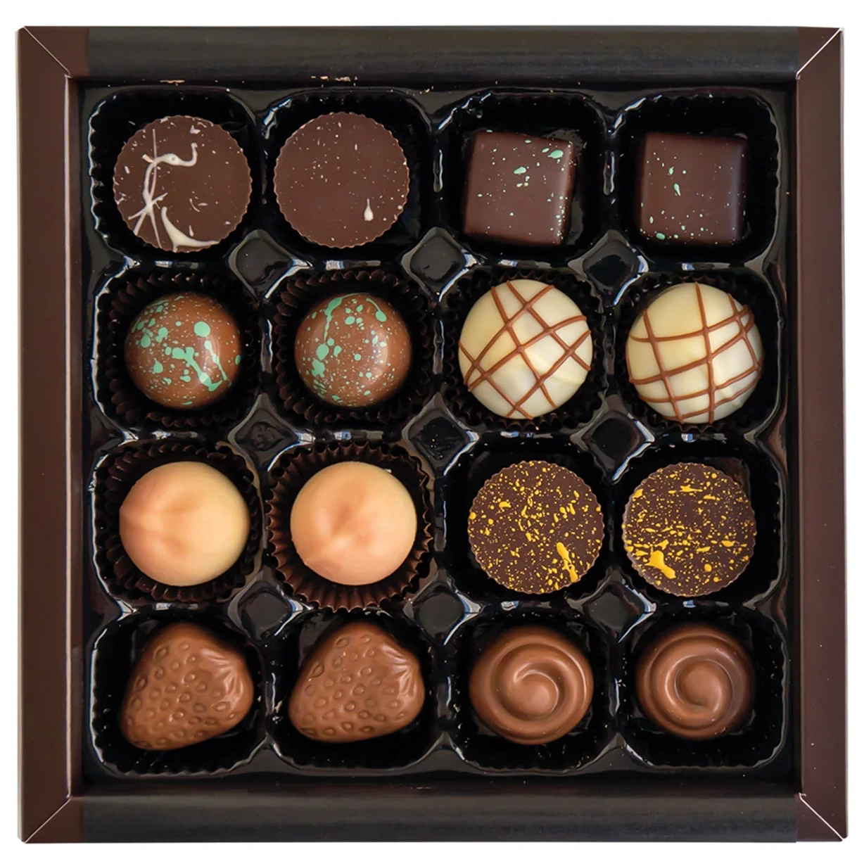 A 15-piece assortment of gourmet chocolates in a dark brown square box, featuring various shapes, textures, and flavor profiles on a plain white background.